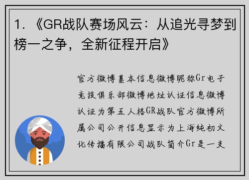 1. 《GR战队赛场风云：从追光寻梦到榜一之争，全新征程开启》