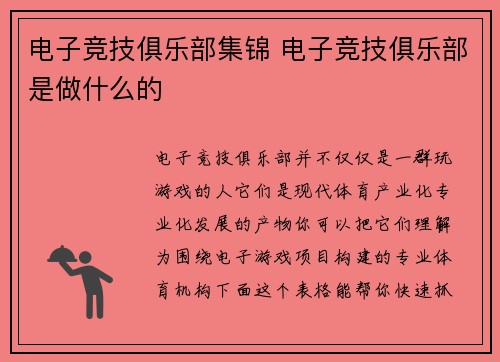 电子竞技俱乐部集锦 电子竞技俱乐部是做什么的